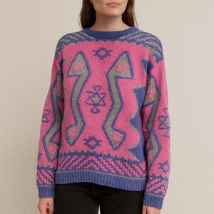 🌀 Vintage Maximalist Graphic Knit – 80s‎ Artsy Sweater | Medium